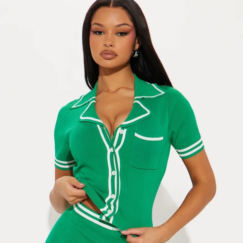 Fashion Nova Green Button Down Shirt with White Trim